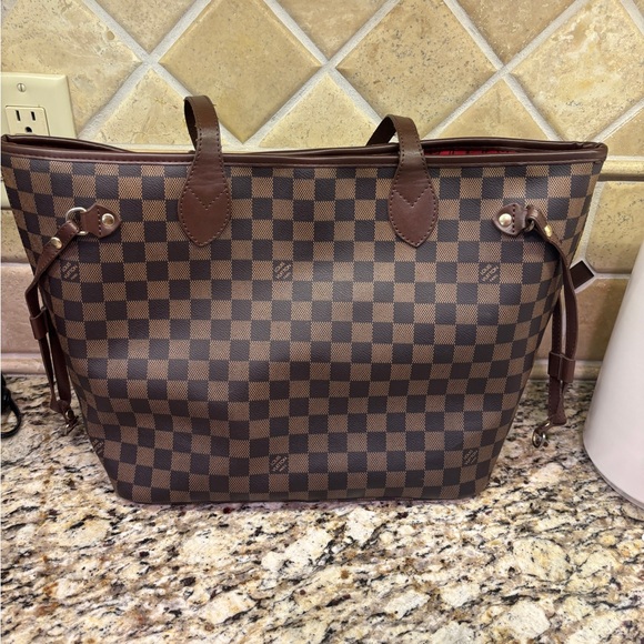 Checkered Brown Tote Bag with Red Lining – Designer Inspired - Picture 1 of 7